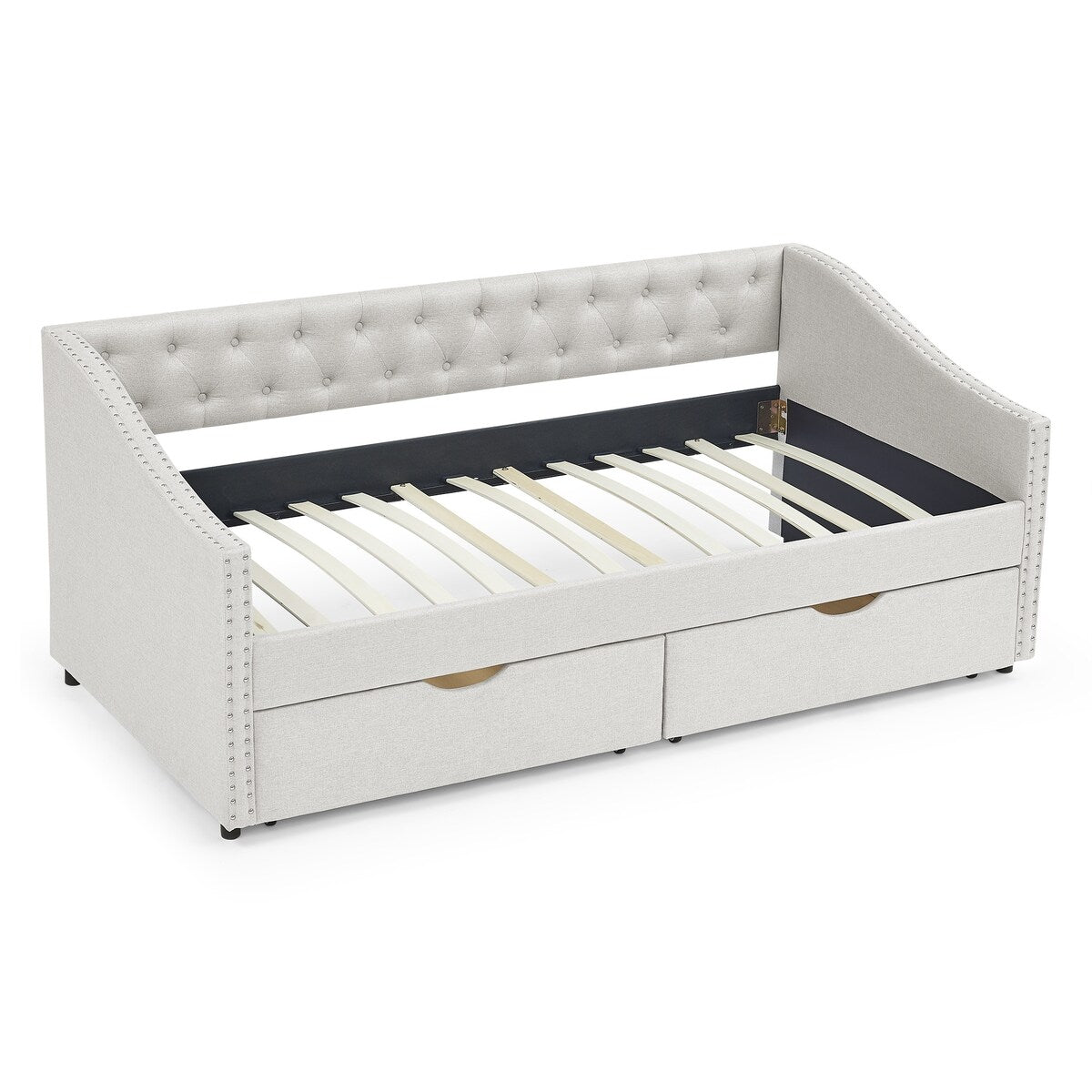 Daybed with Drawers Upholstered Tufted Sofa Bed,,with Button on Back and Copper Nail on Waved Shape Arms