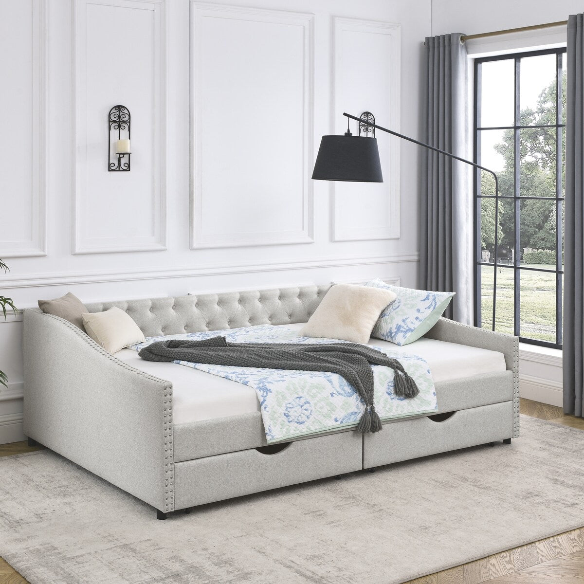 Daybed with Drawers Upholstered Tufted Sofa Bed,,with Button on Back and Copper Nail on Waved Shape Arms