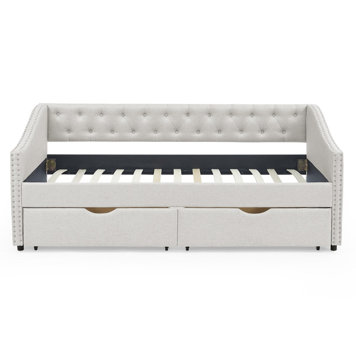 Daybed with Drawers Upholstered Tufted Sofa Bed,,with Button on Back and Copper Nail on Waved Shape Arms