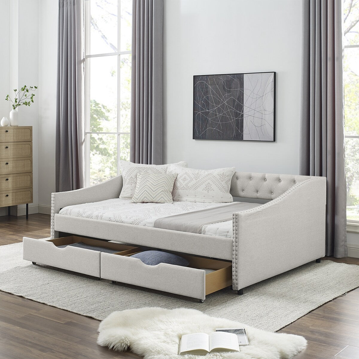 Daybed with Drawers Upholstered Tufted Sofa Bed,,with Button on Back and Copper Nail on Waved Shape Arms