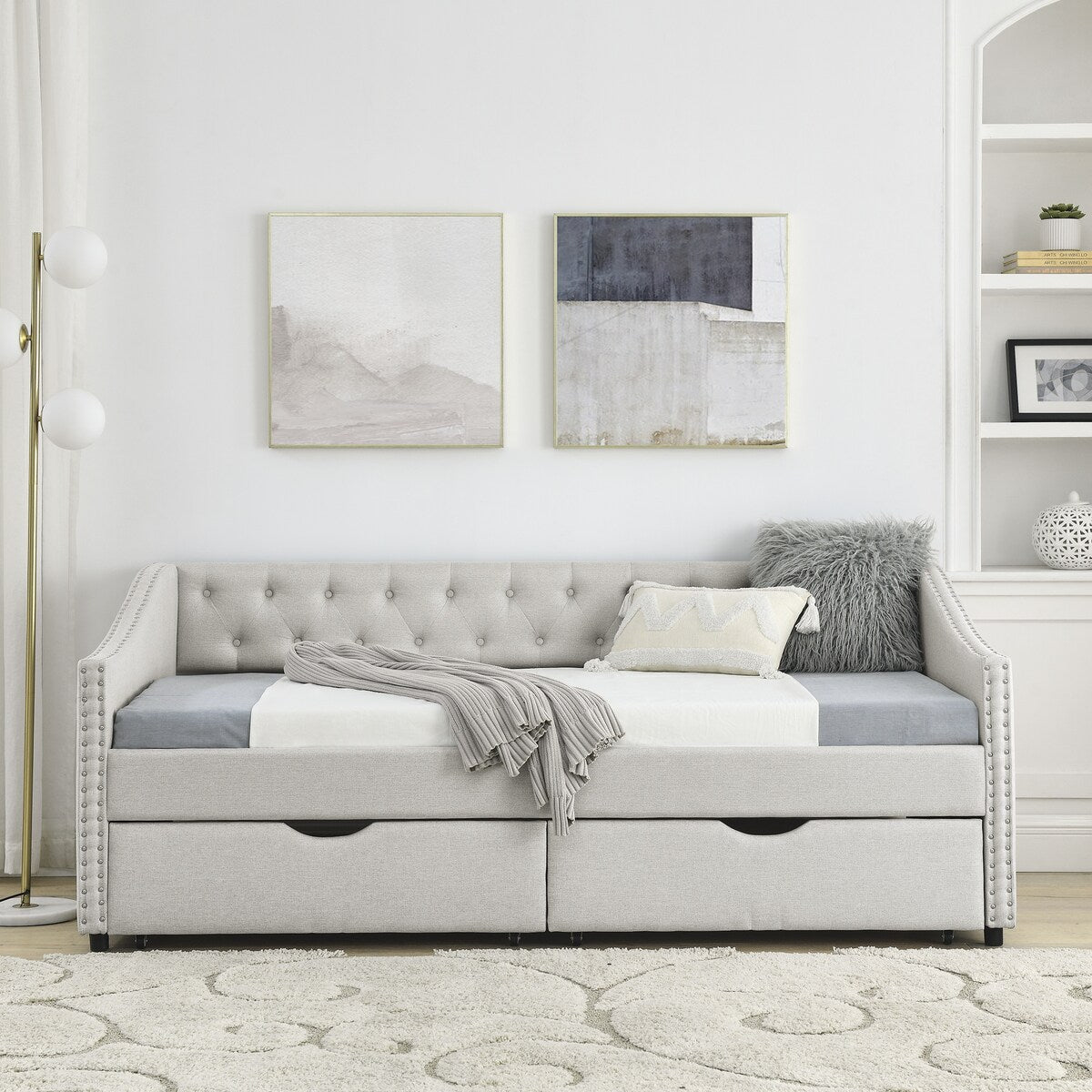 Daybed with Drawers Upholstered Tufted Sofa Bed,,with Button on Back and Copper Nail on Waved Shape Arms