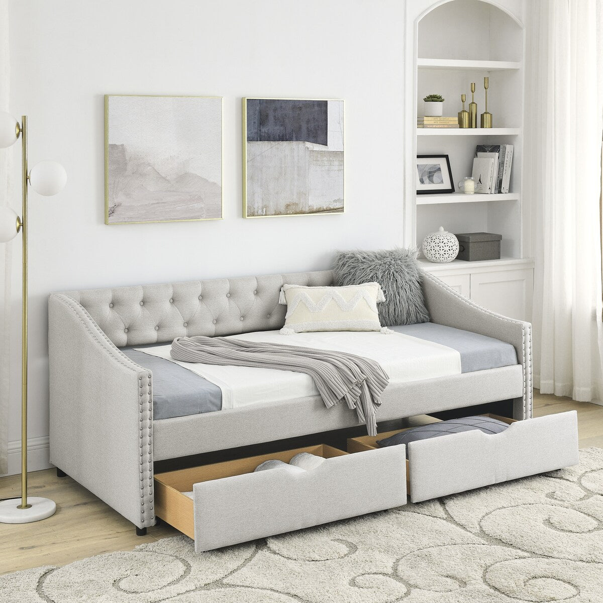 Daybed with Drawers Upholstered Tufted Sofa Bed,,with Button on Back and Copper Nail on Waved Shape Arms
