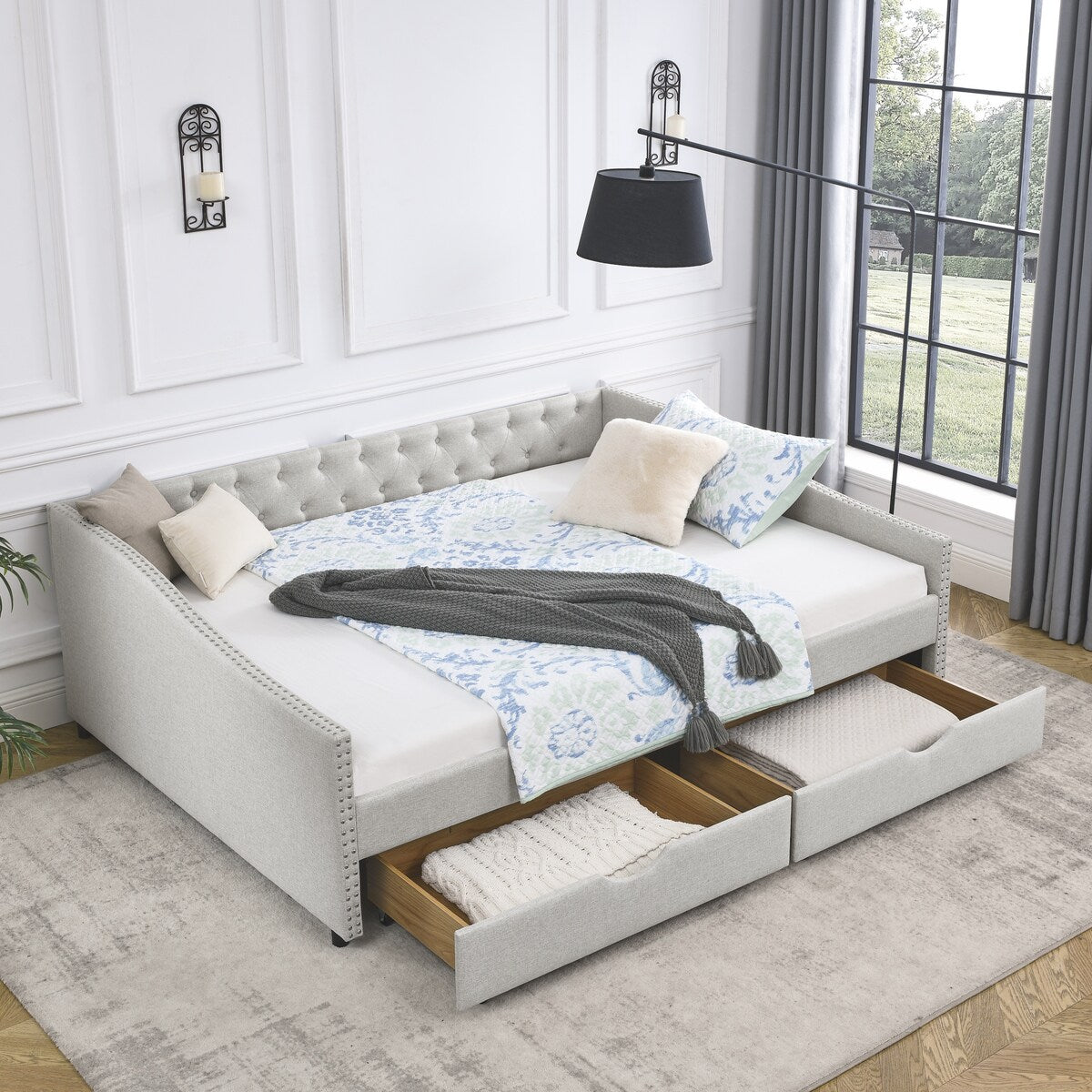Daybed with Drawers Upholstered Tufted Sofa Bed,,with Button on Back and Copper Nail on Waved Shape Arms