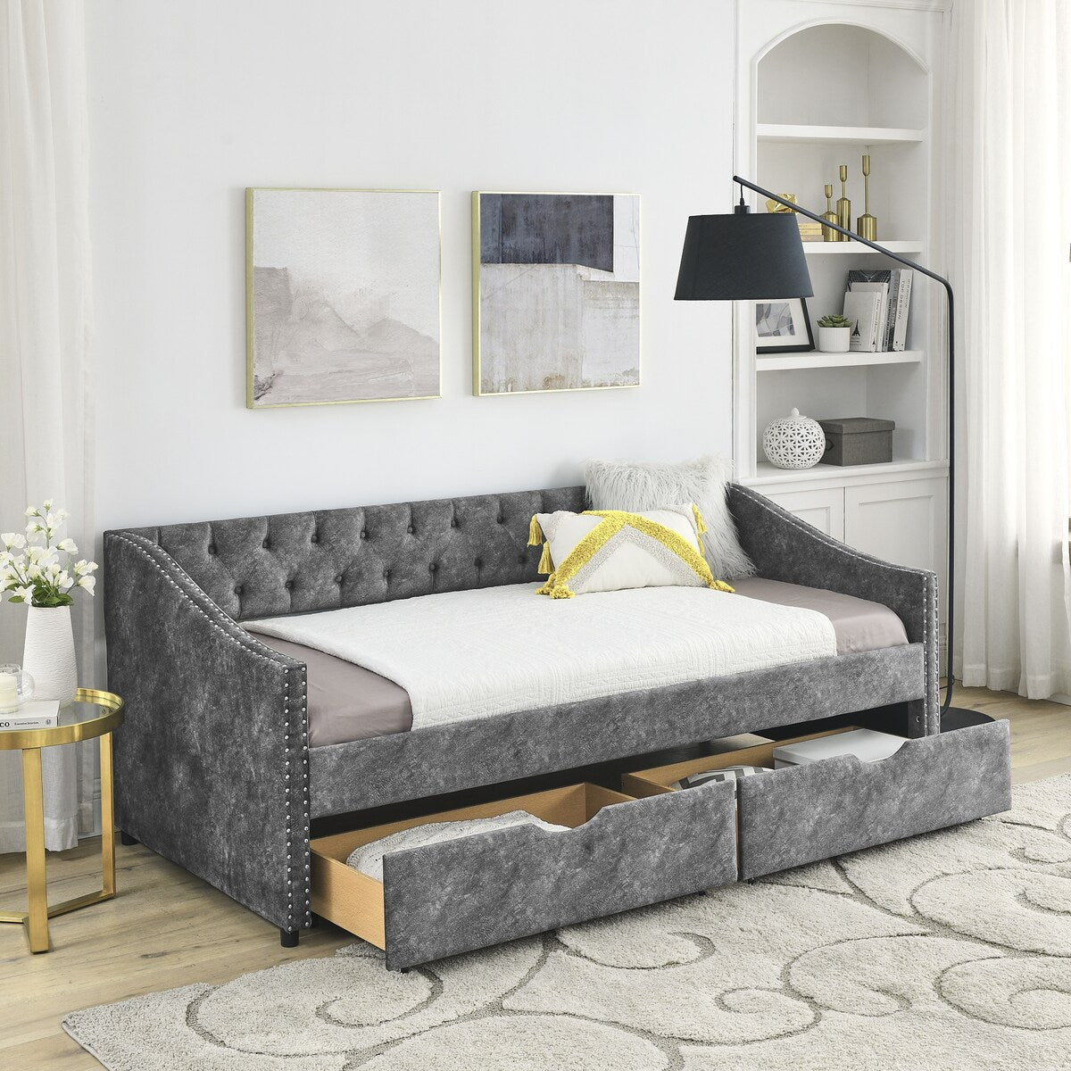 Daybed with Drawers Upholstered Tufted Sofa Bed,,with Button on Back and Copper Nail on Waved Shape Arms