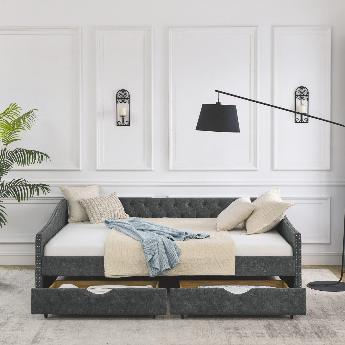 Daybed with Drawers Upholstered Tufted Sofa Bed,,with Button on Back and Copper Nail on Waved Shape Arms