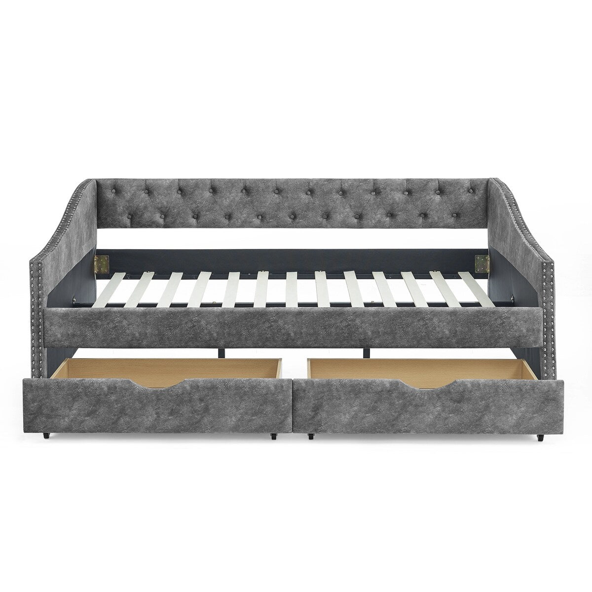 Daybed with Drawers Upholstered Tufted Sofa Bed,,with Button on Back and Copper Nail on Waved Shape Arms