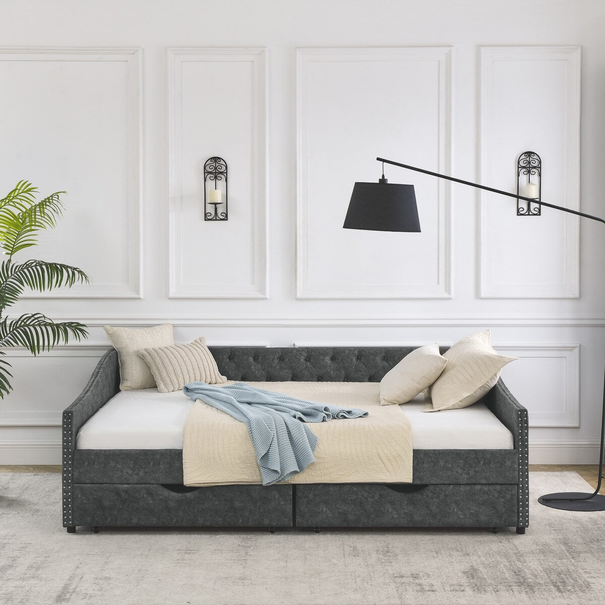 Daybed with Drawers Upholstered Tufted Sofa Bed,,with Button on Back and Copper Nail on Waved Shape Arms