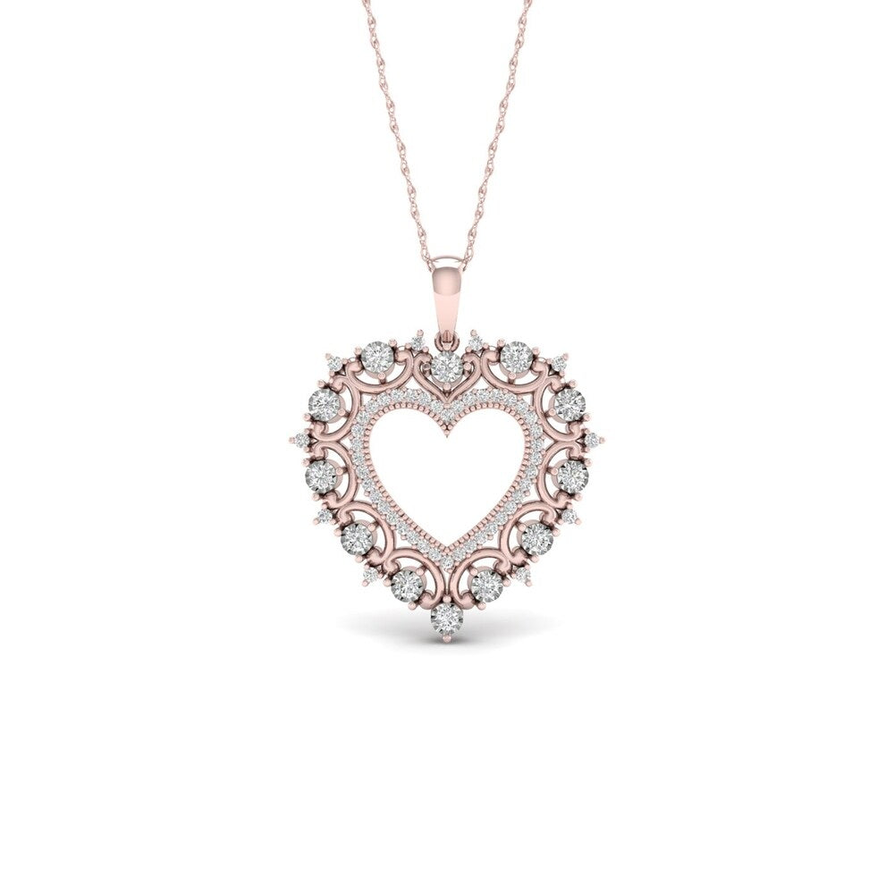 De Couer 10k Rose Gold 1/4ct TDW Diamond Filigree Heart Necklace
