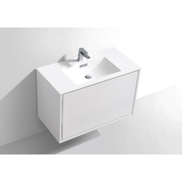 De Lusso 36" High Gloss White Wall Mount Modern Bathroom Vanity