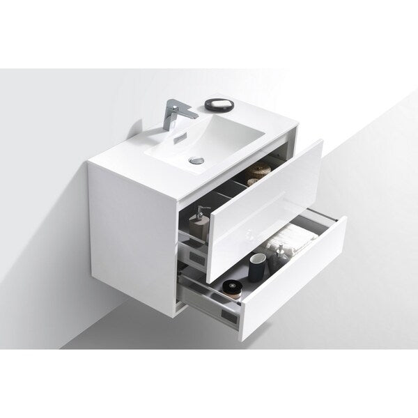 De Lusso 36" High Gloss White Wall Mount Modern Bathroom Vanity
