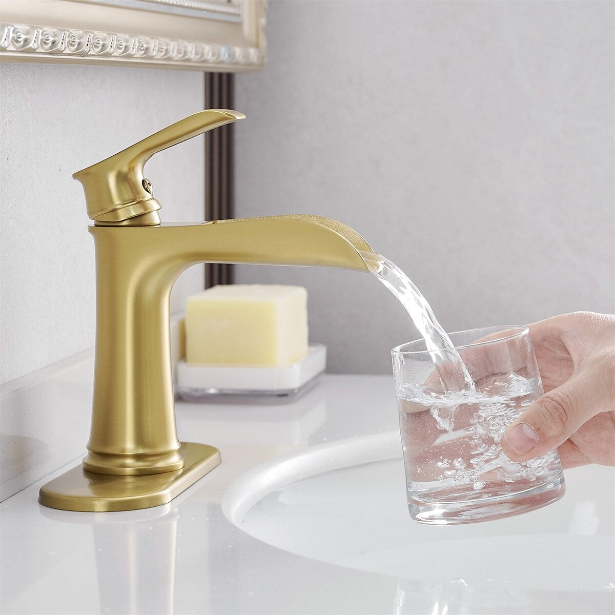Deck Plate Waterfall Sink Faucet with Pop Up Drain and Supply Lines