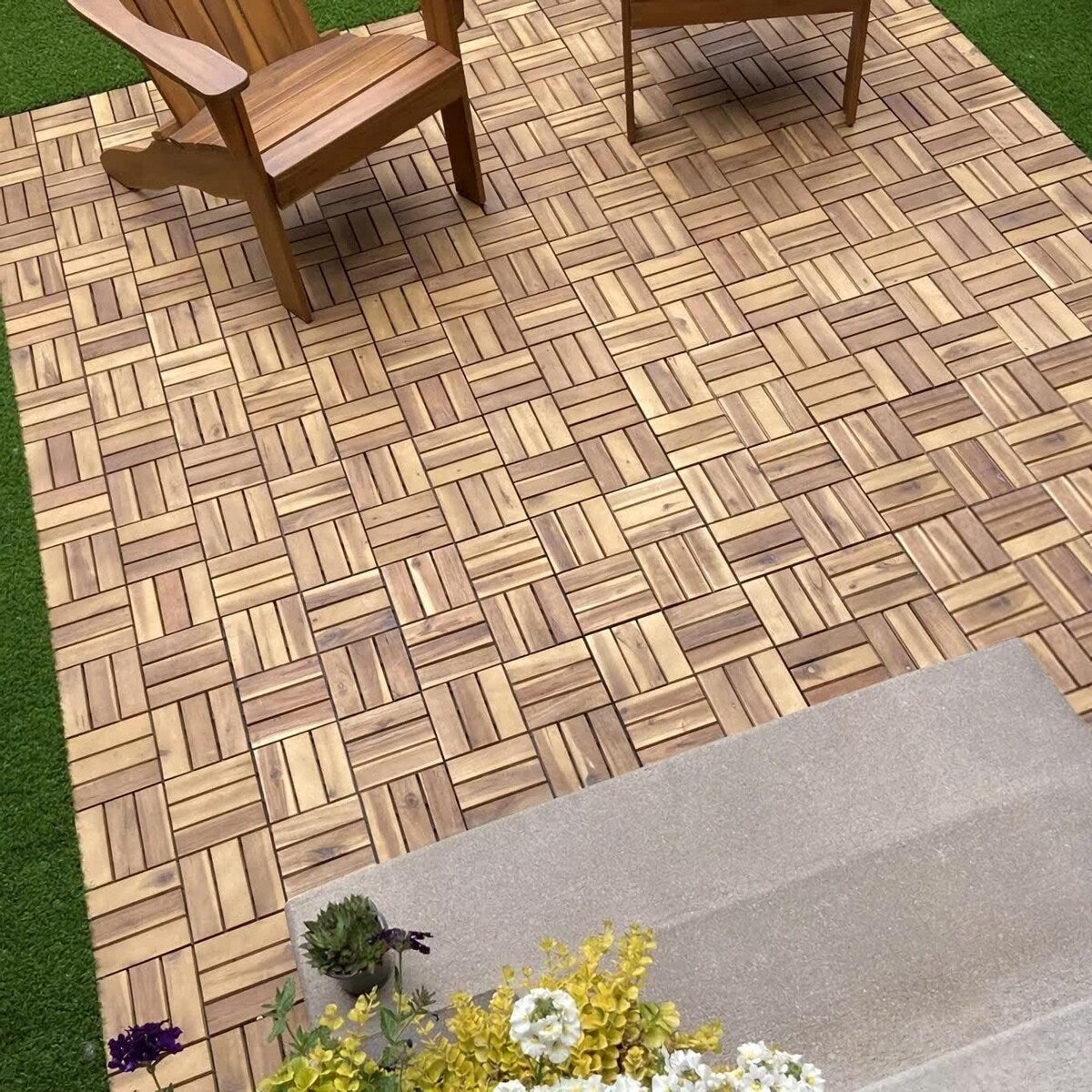 Deck Tiles Interlocking 27 Pack Solid Wood Outdoor Flooring Waterproof 12"X12" for Patio Porch Garden Balcony Poolside - N/A