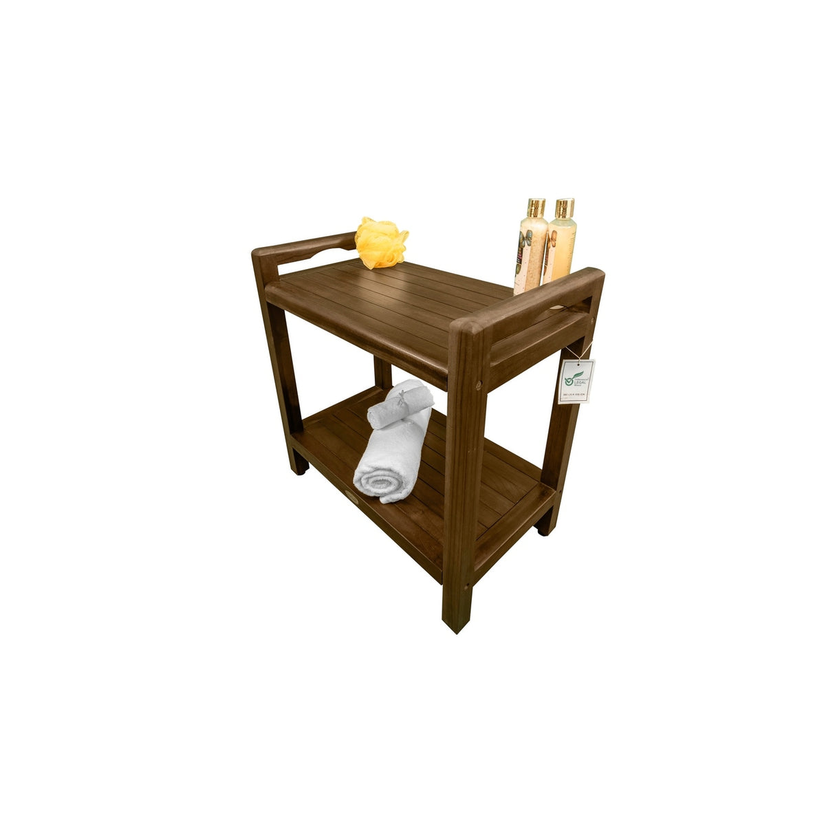 DecoTeak Eleganto 20" Solid Teak Shower Stool With LiftAide Arms And Shelf - WoodLand Brown Finish