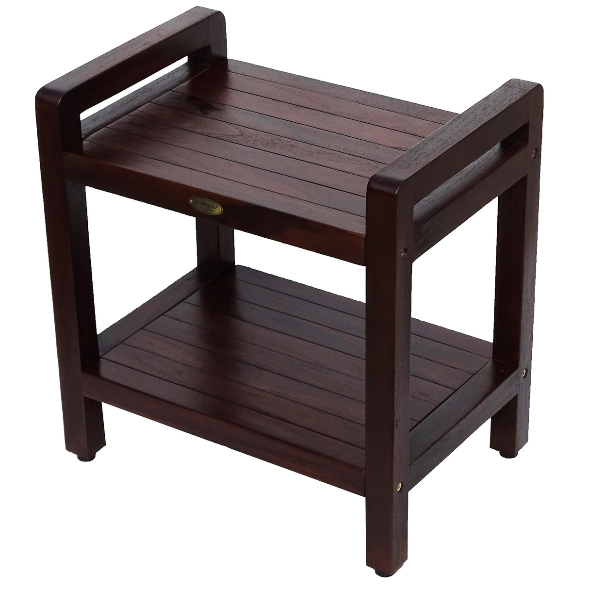DecoTeak Eleganto 20" Solid Teak Shower Stool With LiftAide Arms And Shelf - WoodLand Brown Finish