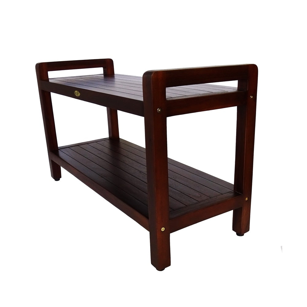 DecoTeak Eleganto 35" Extended Length Solid Teak Shower Stool With LiftAide Arms And Shelf - WoodLand Brown Finish