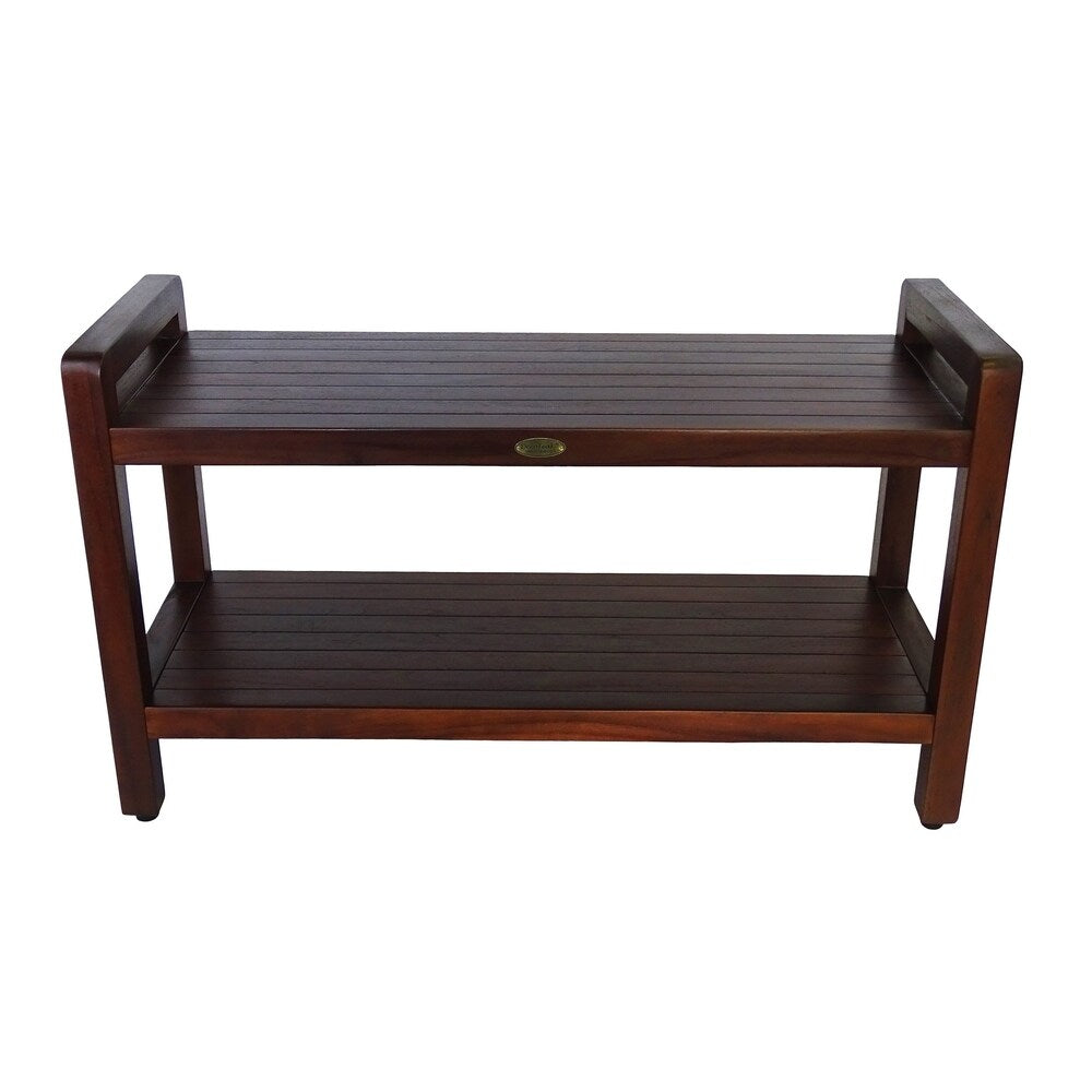 DecoTeak Eleganto 35" Extended Length Solid Teak Shower Stool With LiftAide Arms And Shelf - WoodLand Brown Finish