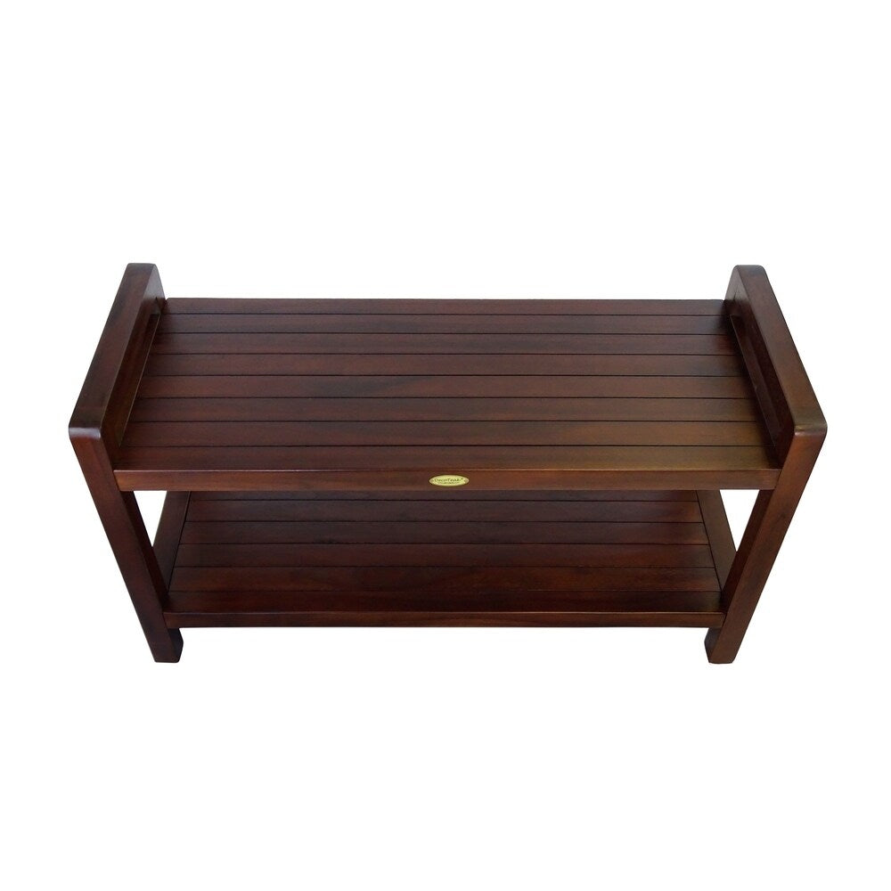 DecoTeak Eleganto 35" Extended Length Solid Teak Shower Stool With LiftAide Arms And Shelf - WoodLand Brown Finish