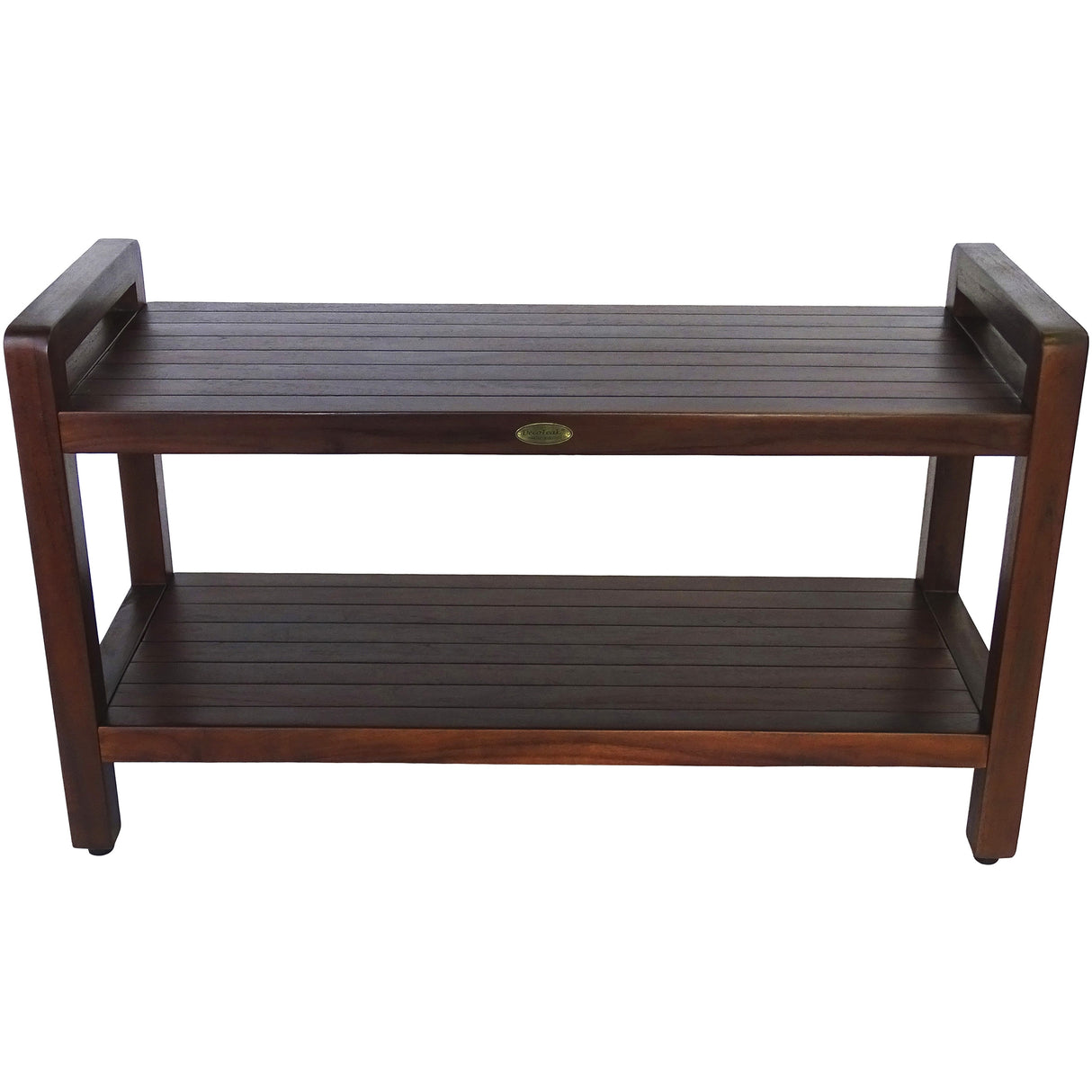 DecoTeak Eleganto 35" Extended Length Solid Teak Shower Stool With LiftAide Arms And Shelf - WoodLand Brown Finish