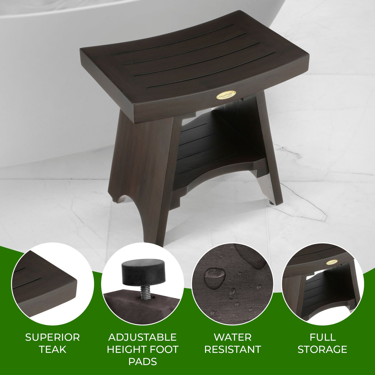 DecoTeak 18", Teak Shower Bench, Teak Bench for Shower, Teak Bench, Shower Teak Bench, Teak Wood Shower Bench, Teak Shower Stool
