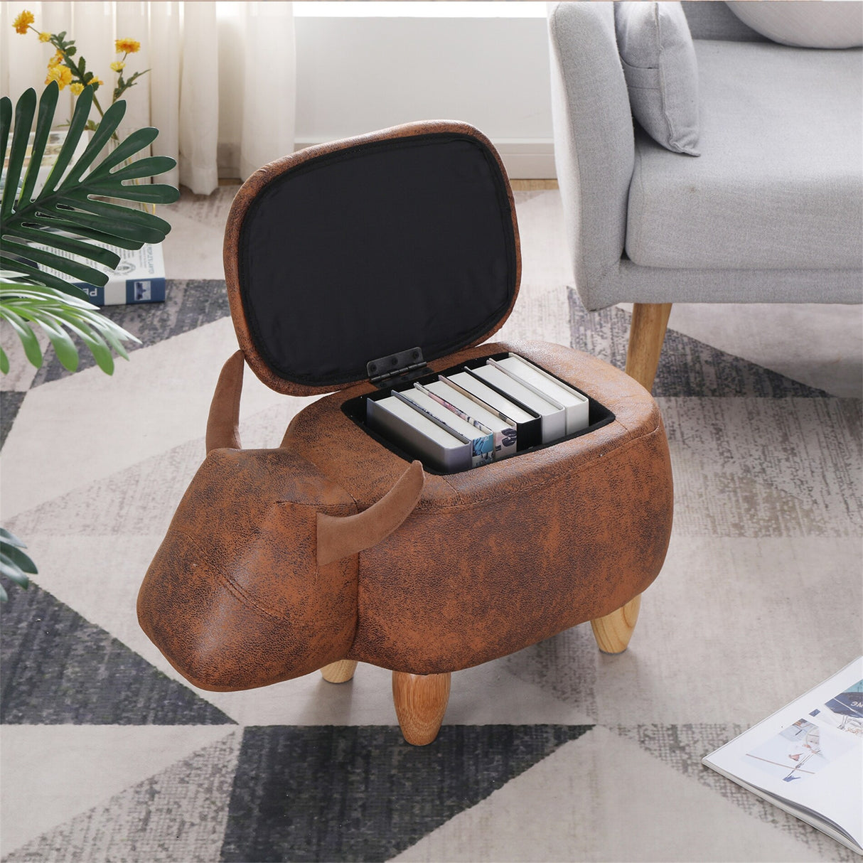 Decorative Animal Storage Stool for Kids, Brown Kids Footstool