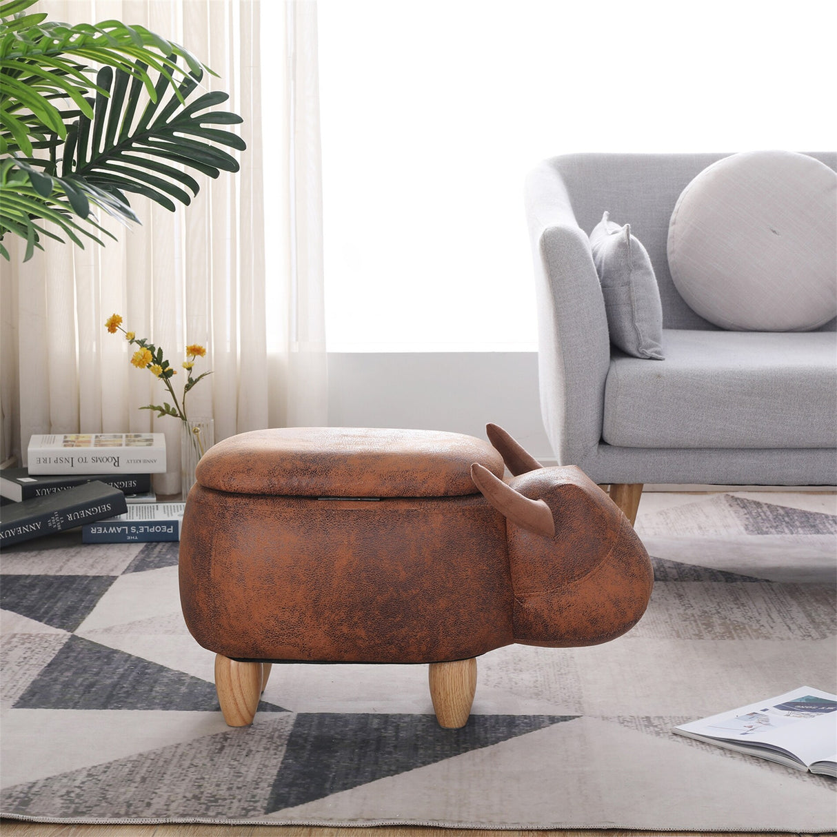 Decorative Animal Storage Stool for Kids, Brown Kids Footstool