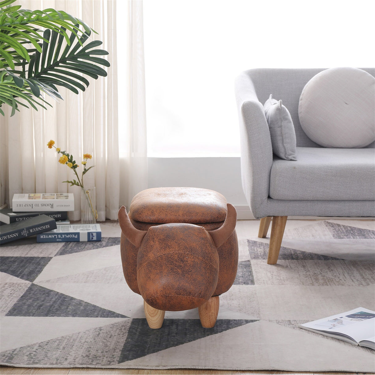 Decorative Animal Storage Stool for Kids, Brown Kids Footstool