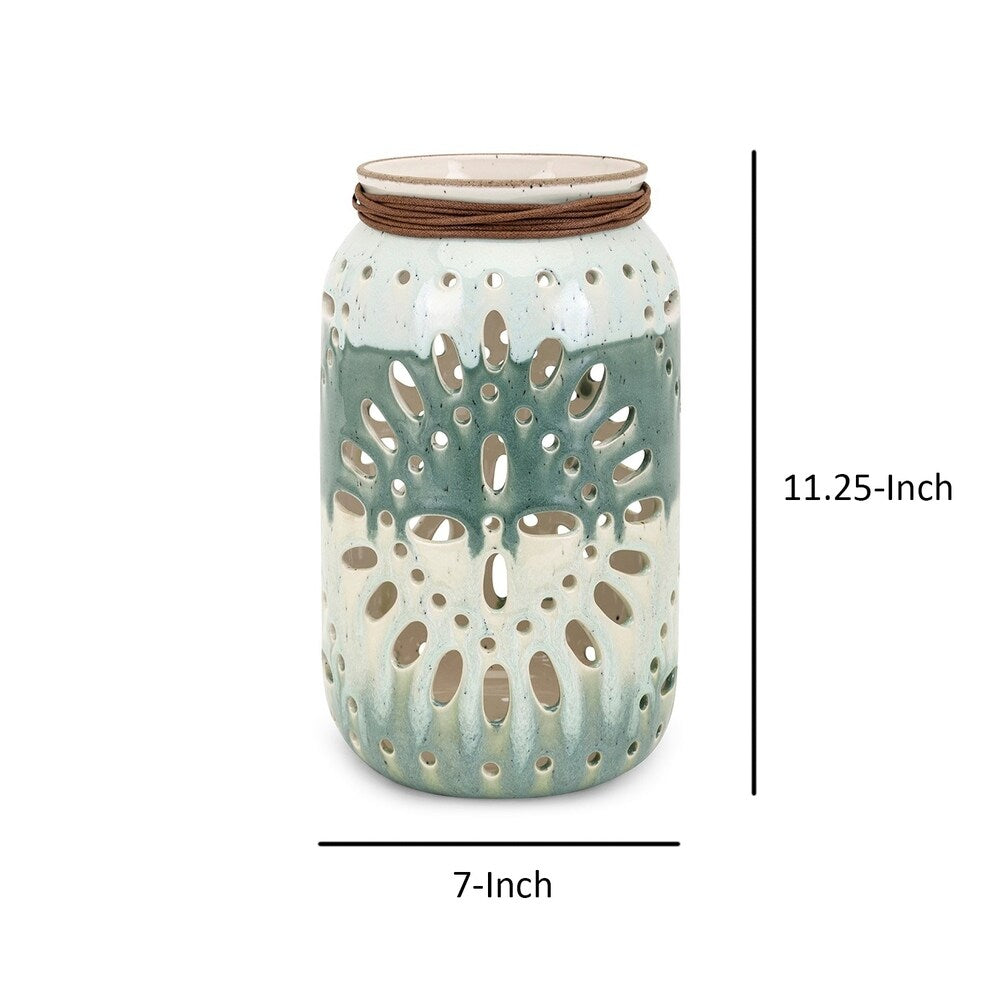 Decorative Ceramic Lantern with Cut Out Details,Small, Green and White