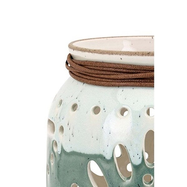 Decorative Ceramic Lantern with Cut Out Details,Small, Green and White