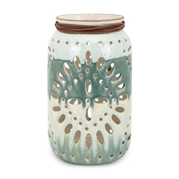 Decorative Ceramic Lantern with Cut Out Details,Small, Green and White