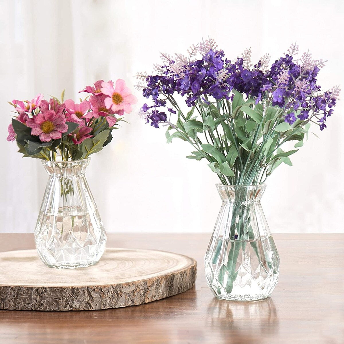 Decorative Clear Glass Diamond-Faceted Flower Vases Set of 2