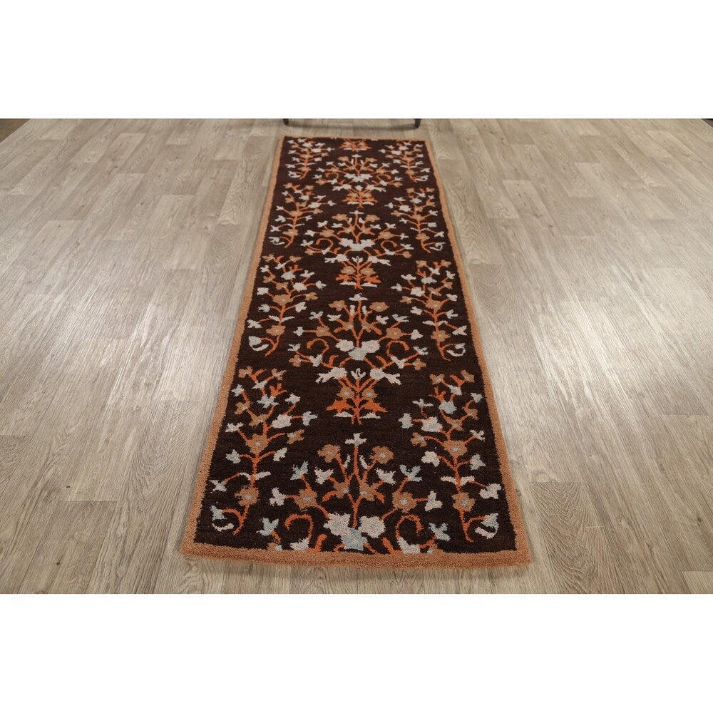 Decorative Floral Brown Oushak Oriental Runner Rug Hand-tufted - 2'7" x 8'1"