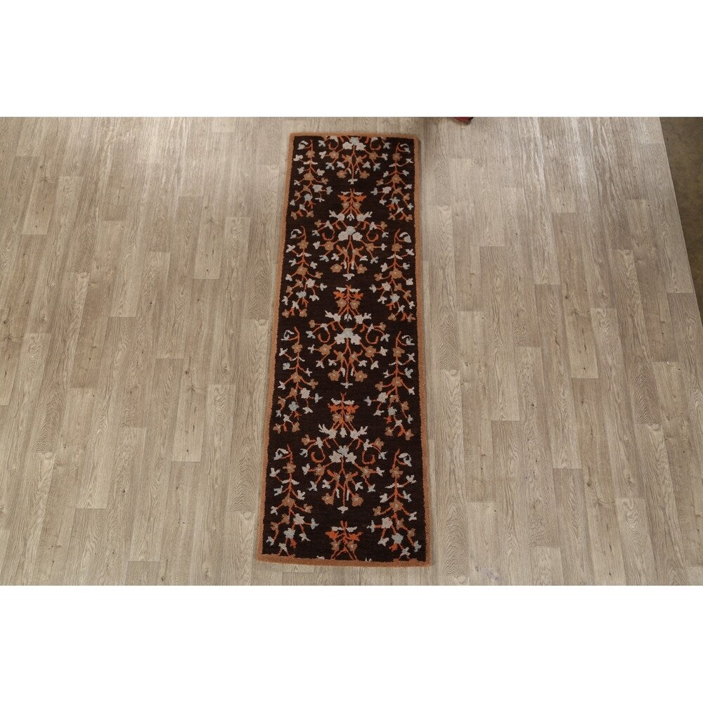 Decorative Floral Brown Oushak Oriental Runner Rug Hand-tufted - 2'7" x 8'1"