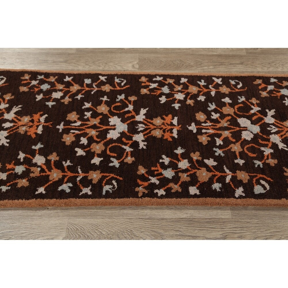 Decorative Floral Brown Oushak Oriental Runner Rug Hand-tufted - 2'7" x 8'1"