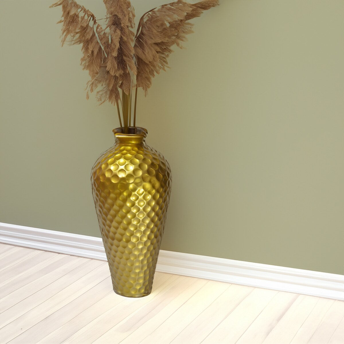 Decorative Modern Gold Metal Hammered Floor Vase - Elegant 25-Inch-Tall Bottle Shape for Entryway, Living Room, or Dining Room