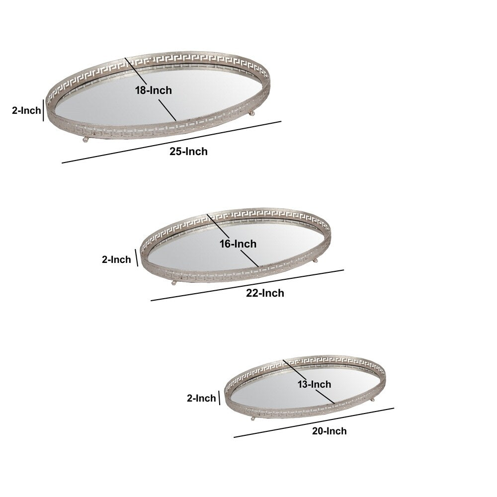 Decorative Oval Iron Tray with Glass Inserted Top, Set of 3, Silver