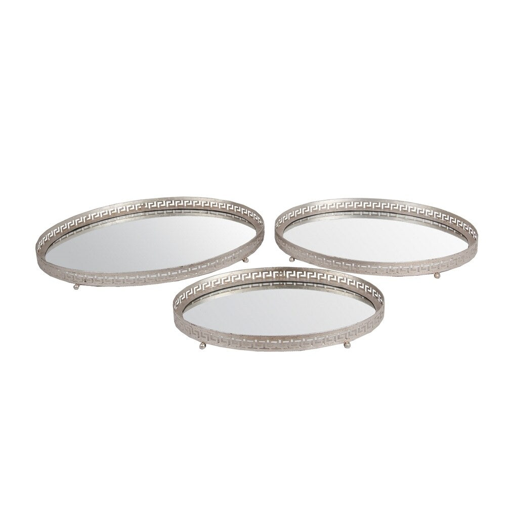 Decorative Oval Iron Tray with Glass Inserted Top, Set of 3, Silver