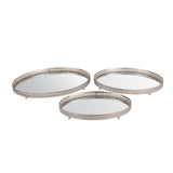 Decorative Oval Iron Tray with Glass Inserted Top, Set of 3, Silver