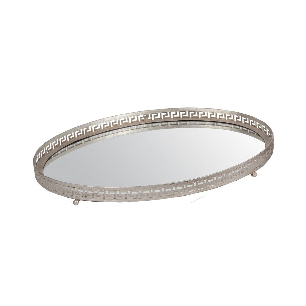 Decorative Oval Iron Tray with Glass Inserted Top, Set of 3, Silver
