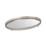 Decorative Oval Iron Tray with Glass Inserted Top, Set of 3, Silver