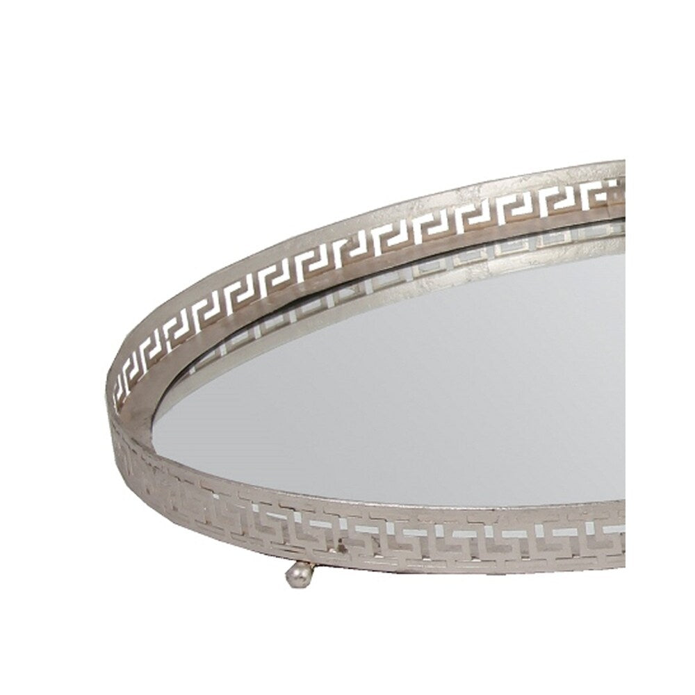 Decorative Oval Iron Tray with Glass Inserted Top, Set of 3, Silver