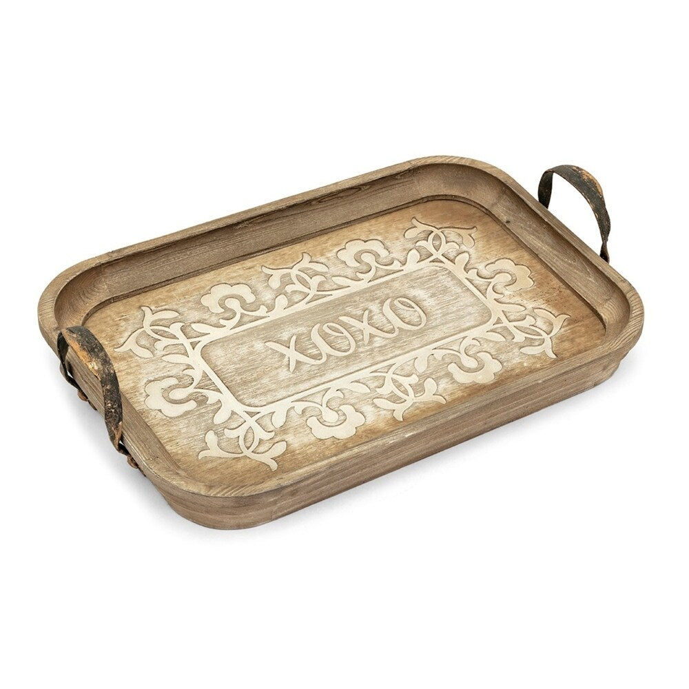 Decorative Rectangular Wood Tray with Two Metal Handles, Gold