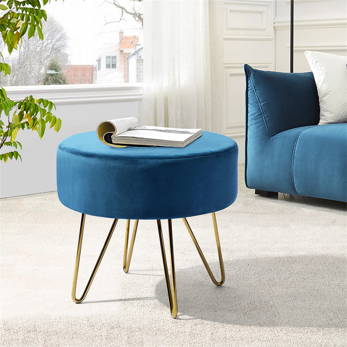Decorative Round Shaped Ottoman with Metal Legs