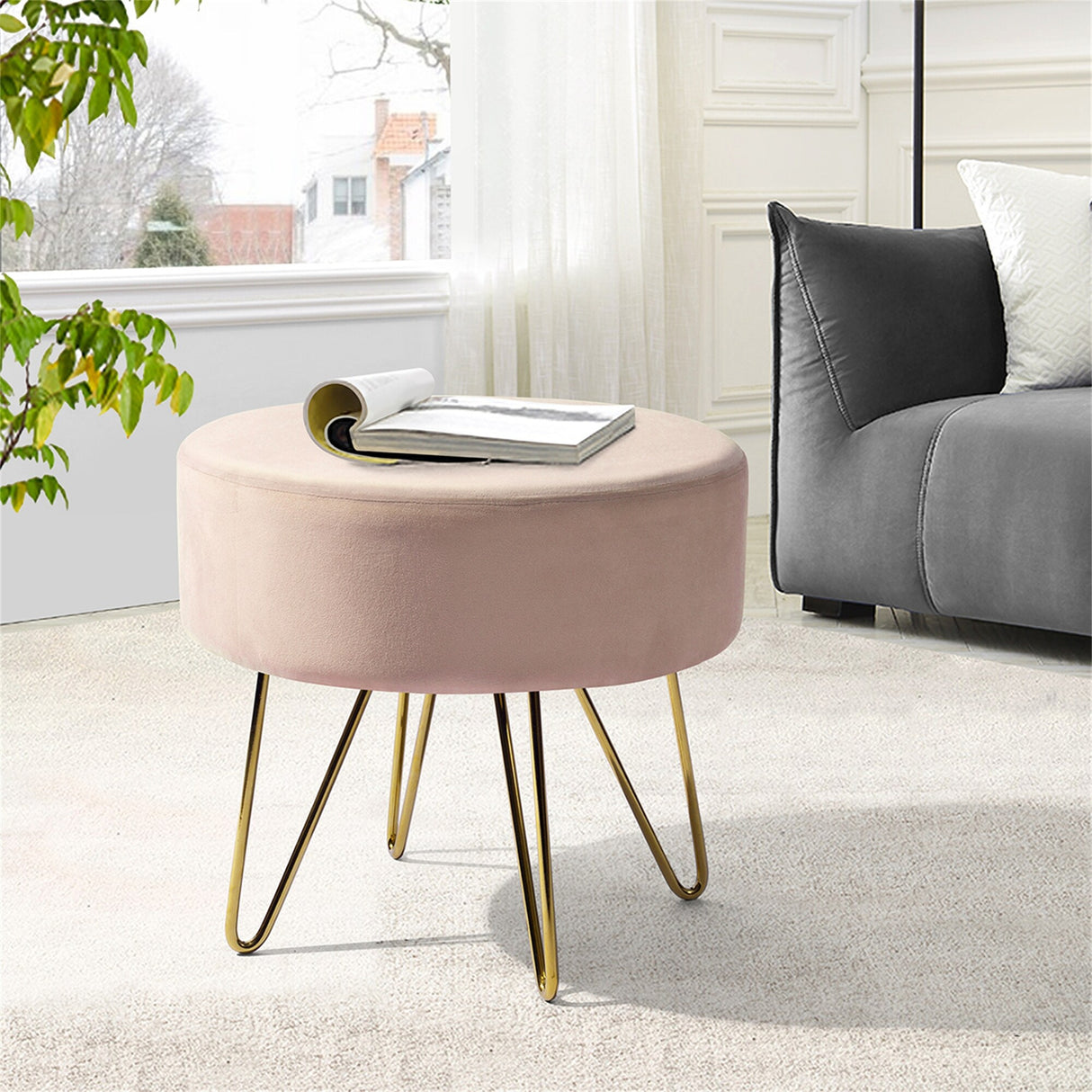 Decorative Round Shaped Ottoman with Metal Legs