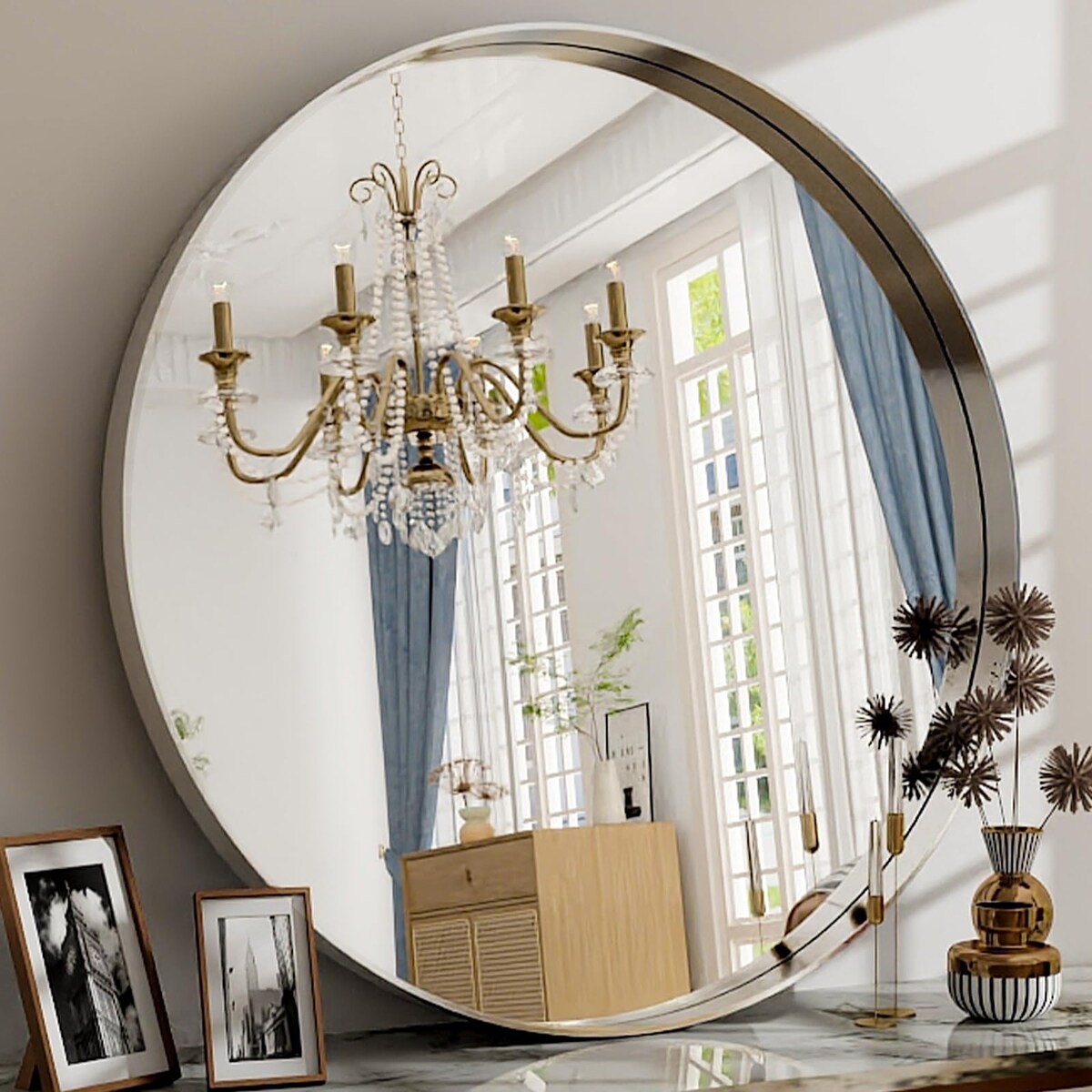 Decorative Wall Mirror Round Mirrors - Black 24 Inches Geometric Circle Mirror Personality Hanging Mirrors