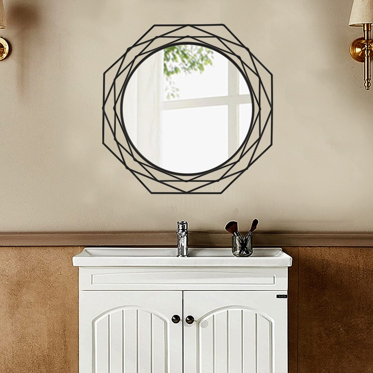 Decorative Wall Mirror Round Mirrors - Black 24 Inches Geometric Circle Mirror Personality Hanging Mirrors