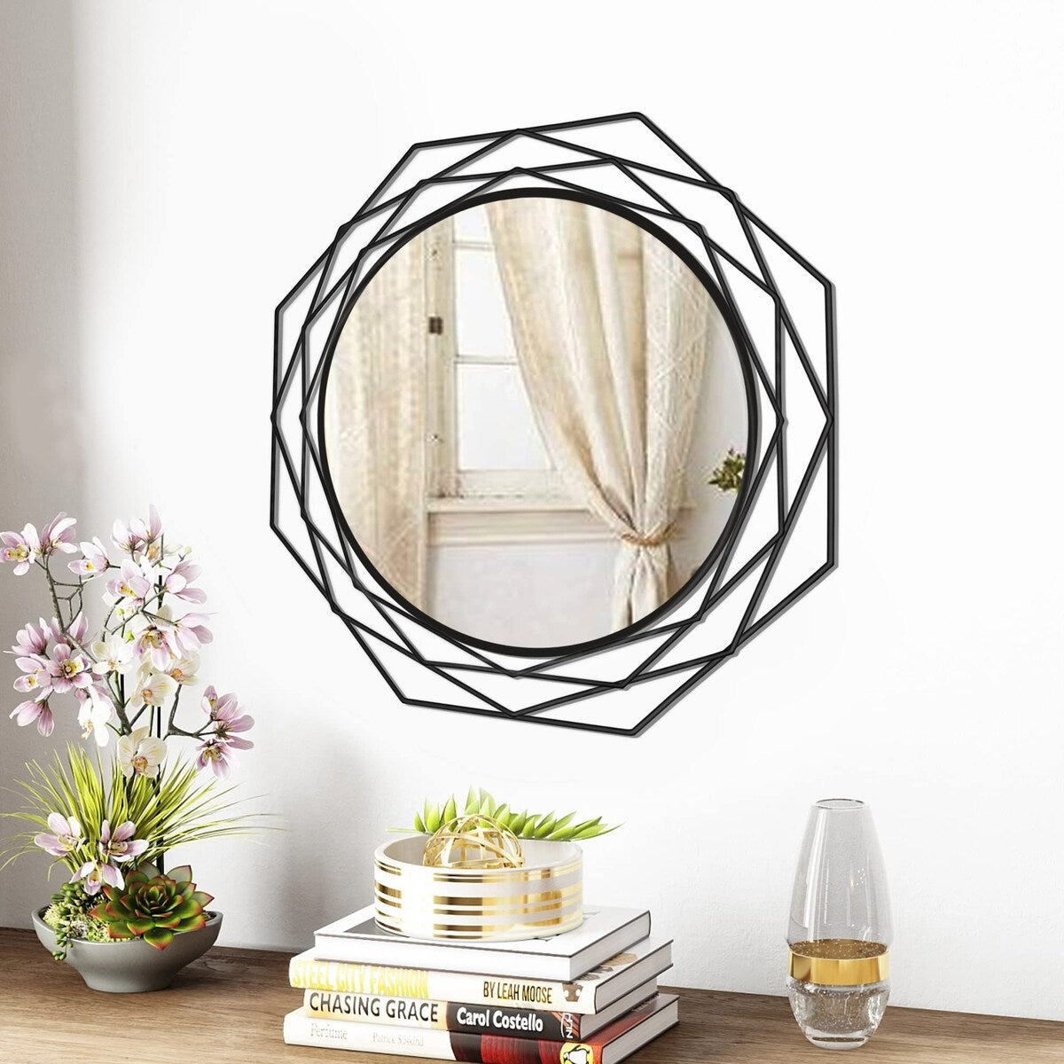 Decorative Wall Mirror Round Mirrors - Black 24 Inches Geometric Circle Mirror Personality Hanging Mirrors