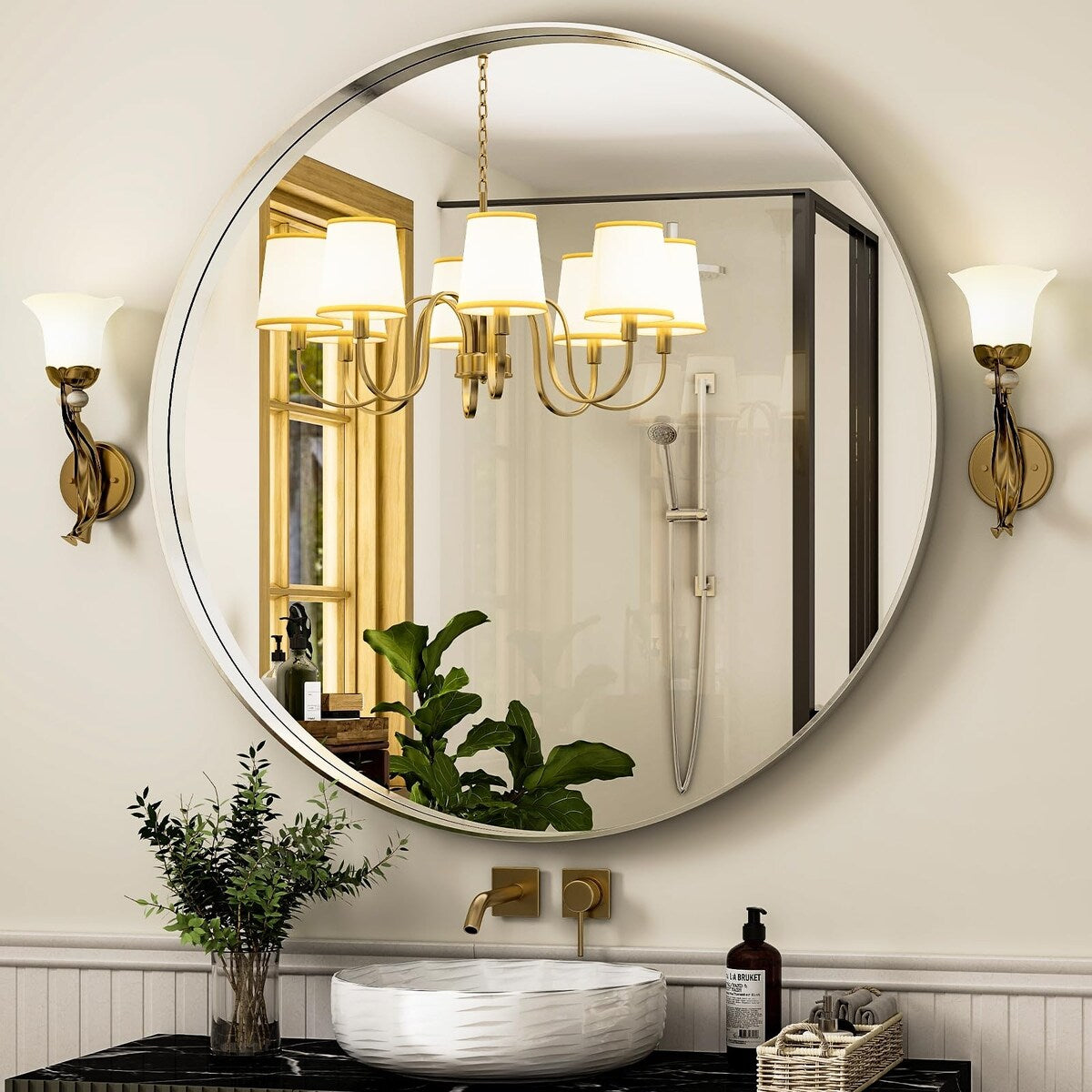 Decorative Wall Mirror Round Mirrors - Black 24 Inches Geometric Circle Mirror Personality Hanging Mirrors