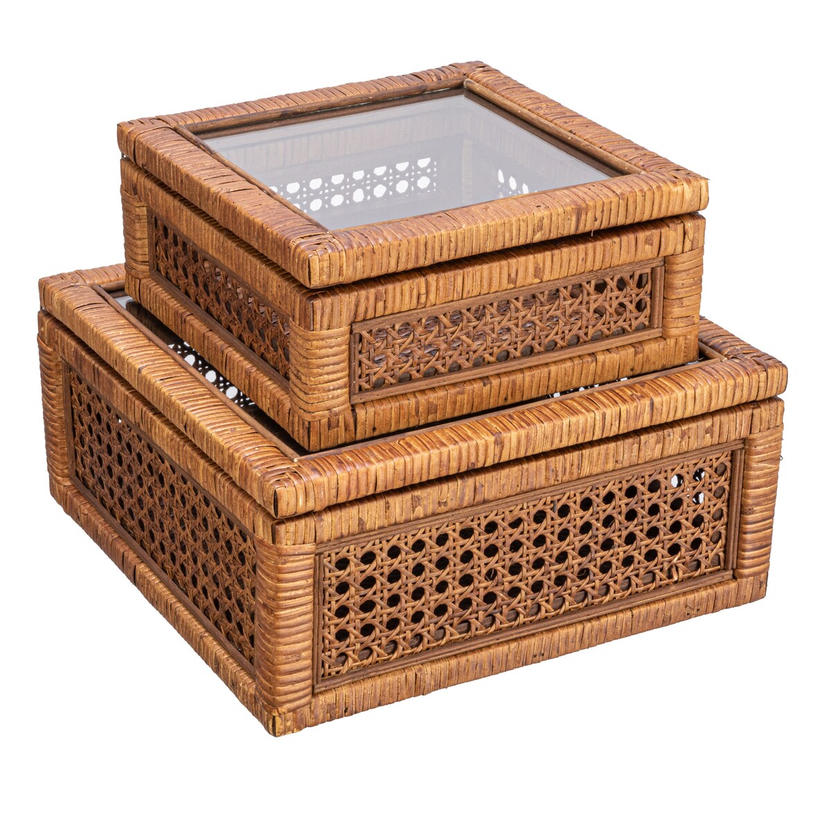 Decorative Woven Rattan and Wood Display Boxes