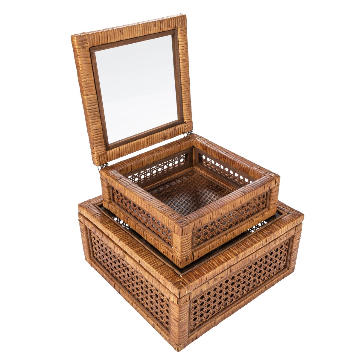 Decorative Woven Rattan and Wood Display Boxes