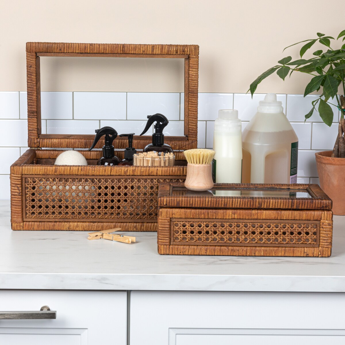 Decorative Woven Rattan and Wood Display Boxes